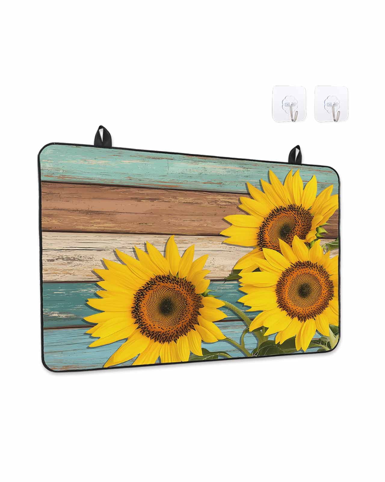 Stove Top Covers for Electric Stove, Sunflower Glass Stovetop Cover Protector, Yellow Spring Flora Botanical Teal Brown Wooden Induction Cooktop Protector Oven Mat for Kitchen Countertop 24"x21"