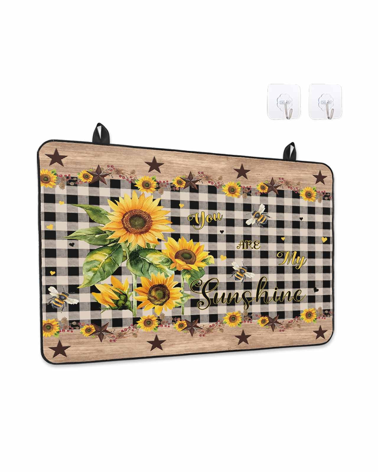 Stove Top Covers for Electric Stove, Sunflower Plaid Glass Stovetop Cover Protector, Country Sunshine Star Vintage Bee Black Induction Cooktop Protector Oven Mat for Kitchen Countertop 24"x21"