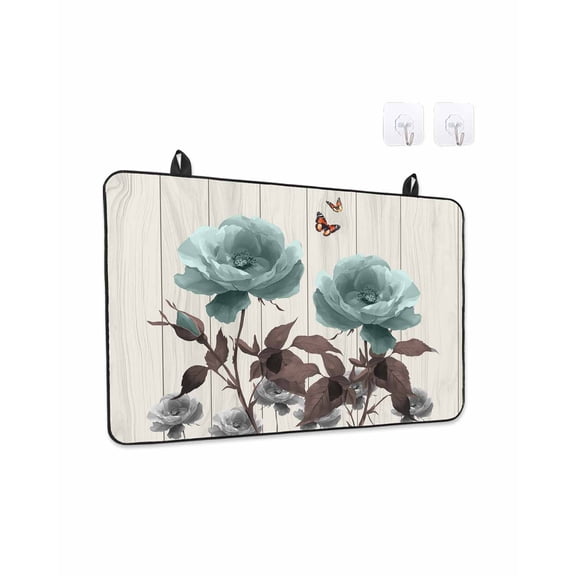 Stove Top Covers for Electric Stove, Teal Blue Floral Kitchen Glass Ceramic Electric Cooktop Covers 24"x21", Vintage Rustic Botanical Beige Wooden HeatResistant Oven/Countertop/Dishwasher Protector