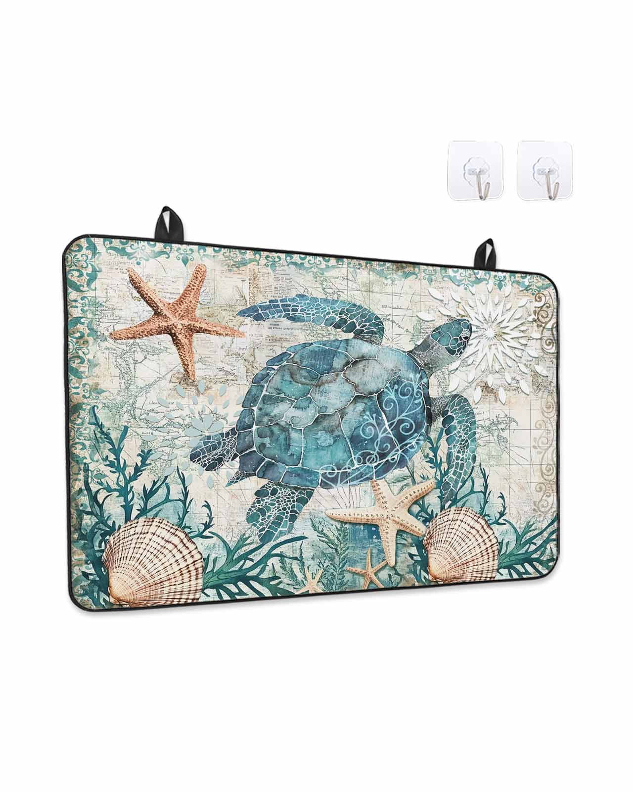 Stove Top Covers for Electric Stove, Teal Coastal Turtle Glass Stovetop Cover Protector, Vintage Summer Beach Nautical Coral Induction Cooktop Protector Oven Mat for Kitchen Countertop 24"x21"