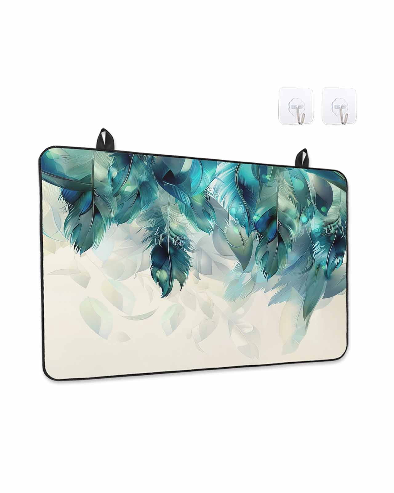 Stove Top Covers for Electric Stove, Teal Feather Glass Stovetop Cover Protector, Farmhouse Feather Art Teal Ombre Induction Cooktop Protector Oven Mat for Kitchen Countertop 24"x21"