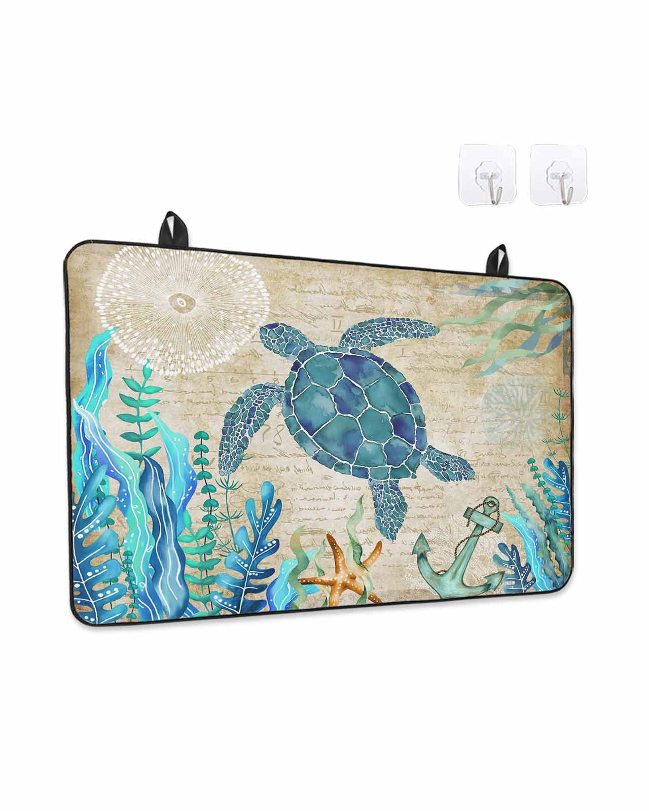Stove Top Covers for Electric Stove, Teal Sea Turtle Coastal Glass Stovetop Cover Protector, Vintage Summer Beach Seaweed Induction Cooktop Protector Oven Mat for Kitchen Countertop 24"x21"