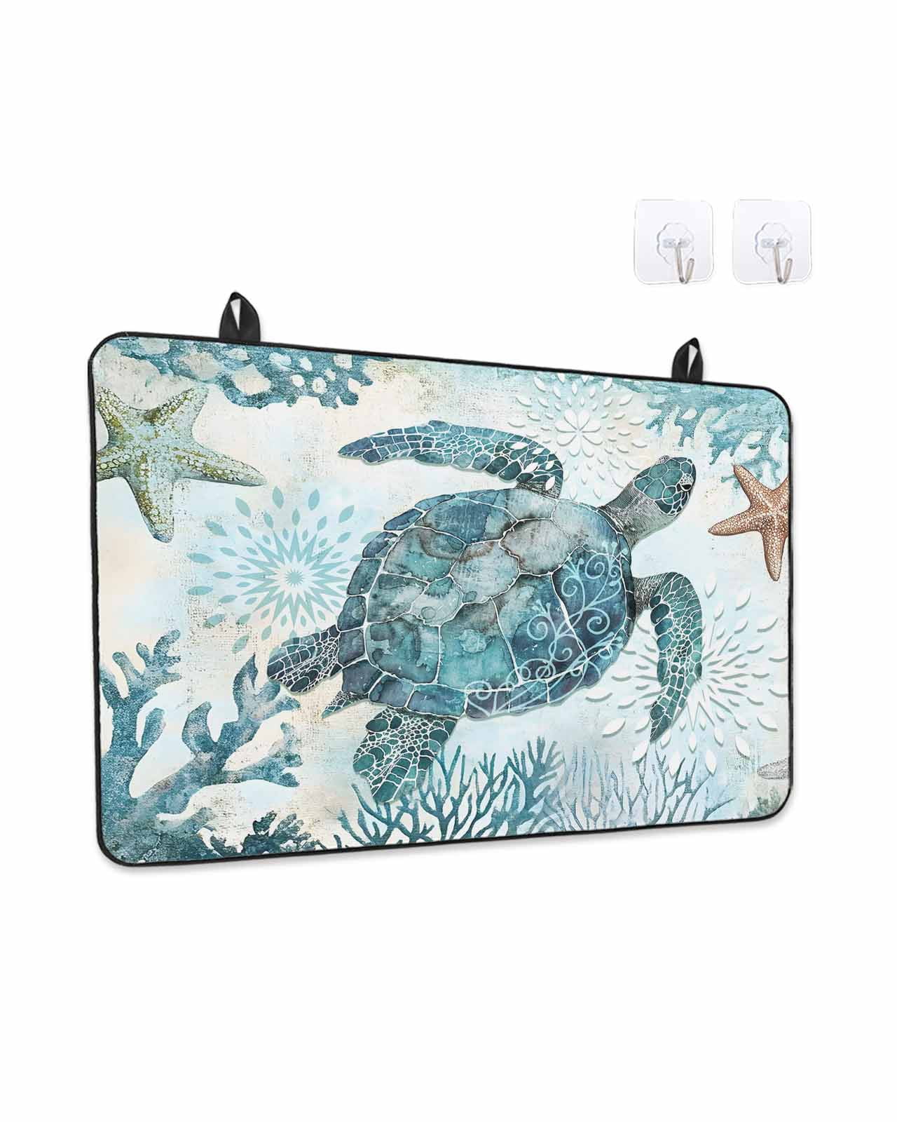 Stove Top Covers for Electric Stove, Teal Turtle Coastal Glass Stovetop Cover Protector, Summer Beach Starfish Nautical Sea Induction Cooktop Protector Oven Mat for Kitchen Countertop 24"x21"