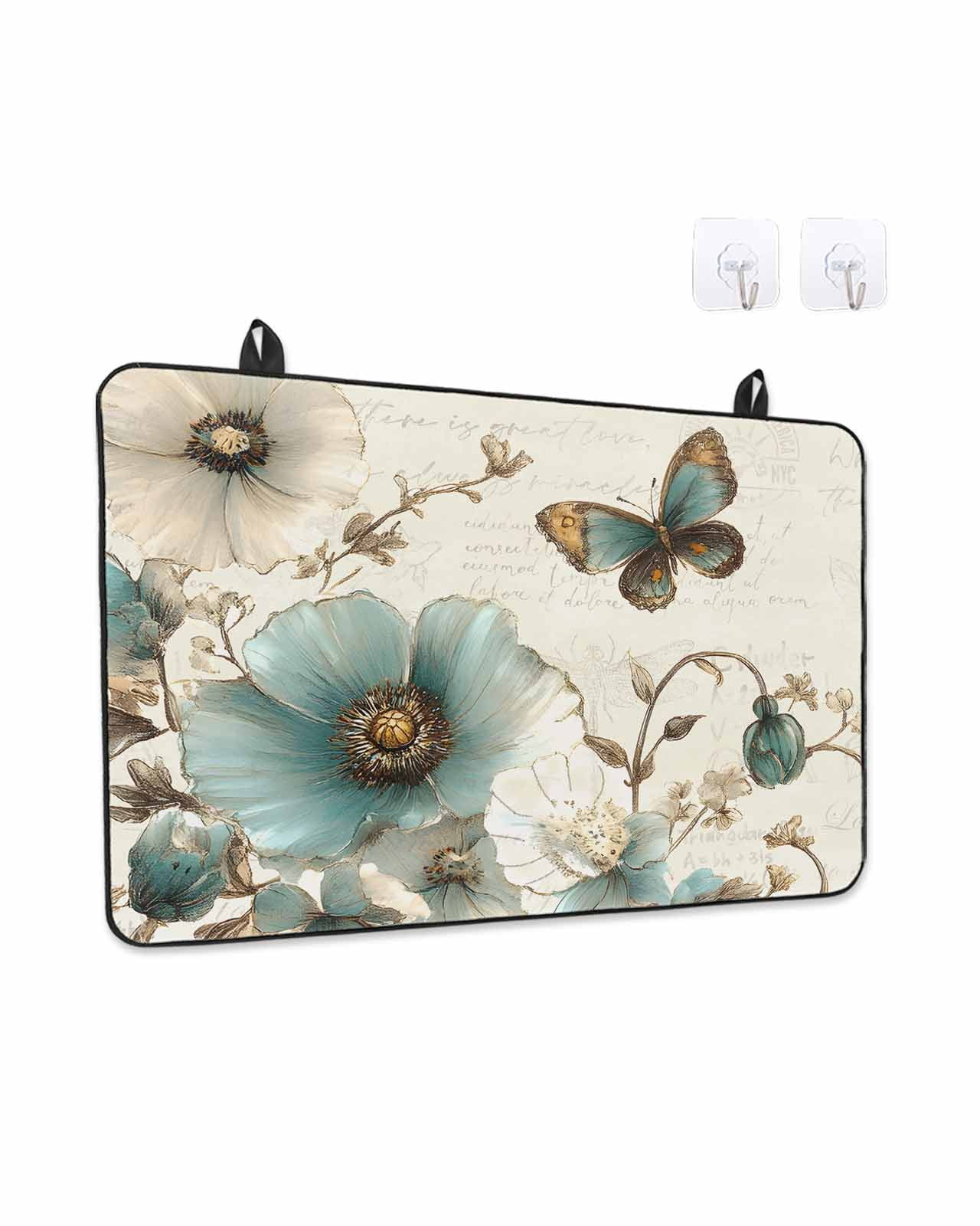 Stove Top Covers for Electric Stove, Vintage Flowers Glass Stovetop Cover Protector, Spring Floral Teal Tulip Butterfly Induction Cooktop Protector Oven Mat for Kitchen Countertop 24"x21"