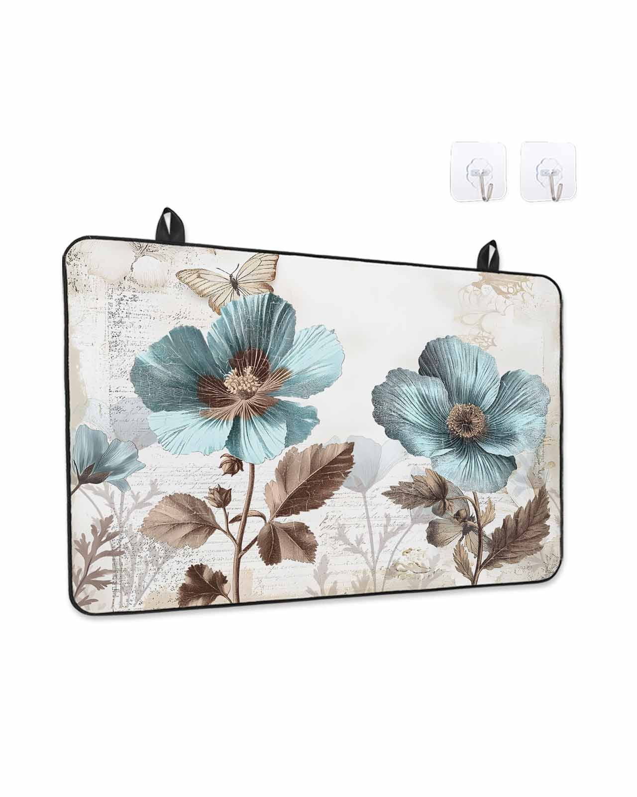 Stove Top Covers for Electric Stove, Vintage Flowers Glass Stovetop Cover Protector, Teal Blue Floral Nature Butterfly Induction Cooktop Protector Oven Mat for Kitchen Countertop 24"x21"