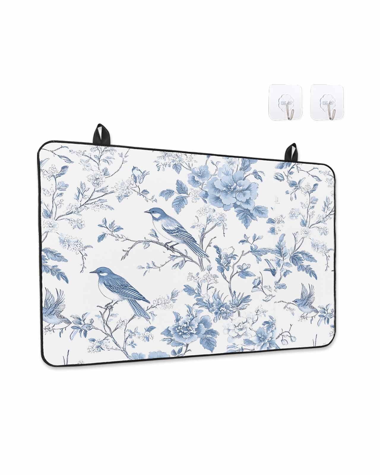 Stove Top Covers for Electric Stove, White Blue Spring Floral Glass Stovetop Cover Protector, Summer Birds Botanical Induction Cooktop Protector Oven Mat for Kitchen Countertop 24"x21"