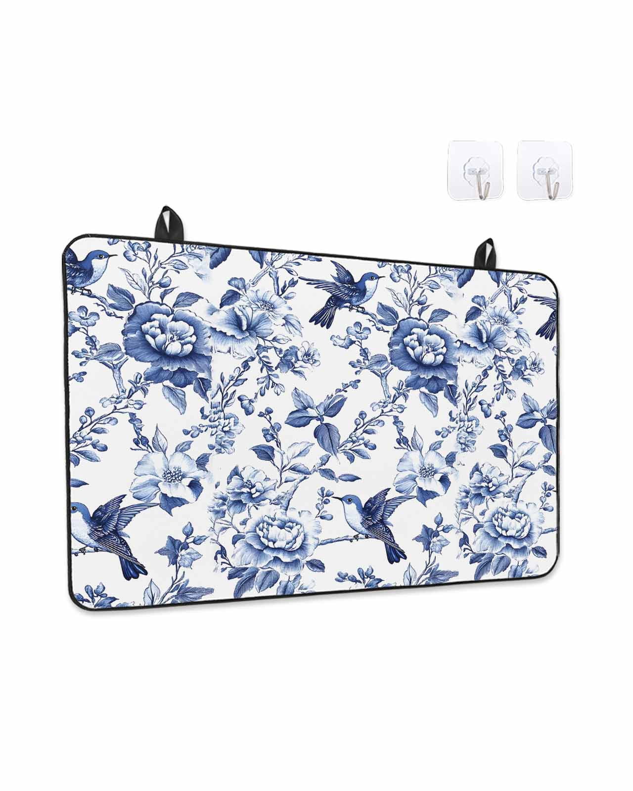 Stove Top Covers for Electric Stove, White Blue Spring Floral Glass Stovetop Cover Protector, Summer Botanical Hummingbird Induction Cooktop Protector Oven Mat for Kitchen Countertop 24"x21"