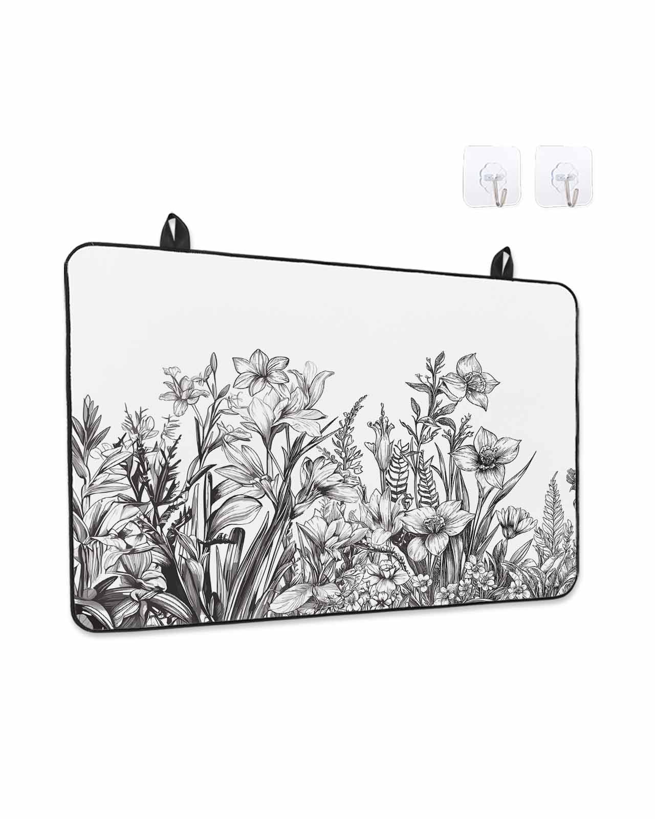 Stove Top Covers for Electric Stove, Wildflower Leaf Glass Stovetop Cover Protector, Grey Floral Botanical White Watercolor Induction Cooktop Protector Oven Mat for Kitchen Countertop 24"x21"