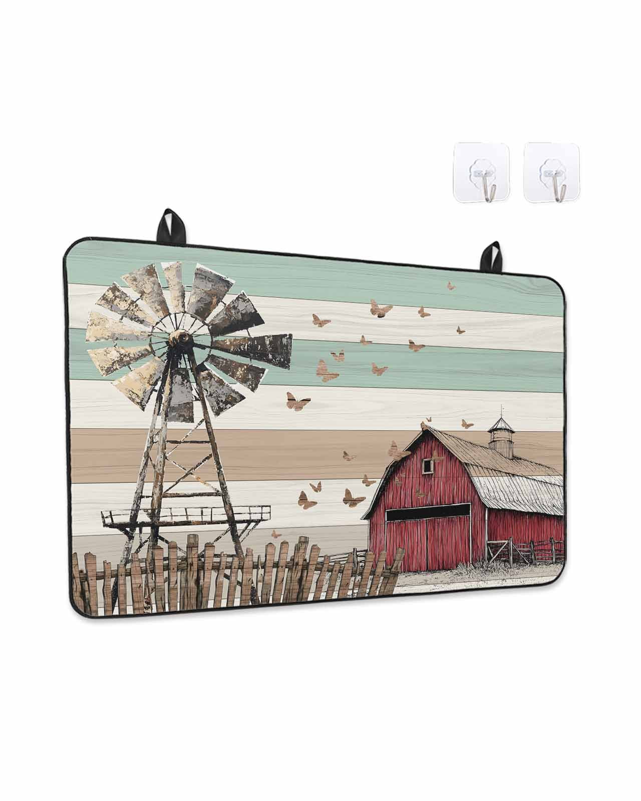 Stove Top Covers for Electric Stove, Windmill Farmhouse Glass Stovetop Cover Protector, Vintage Teal Brown Wooden Butterfly Induction Cooktop Protector Oven Mat for Kitchen Countertop 24"x21"