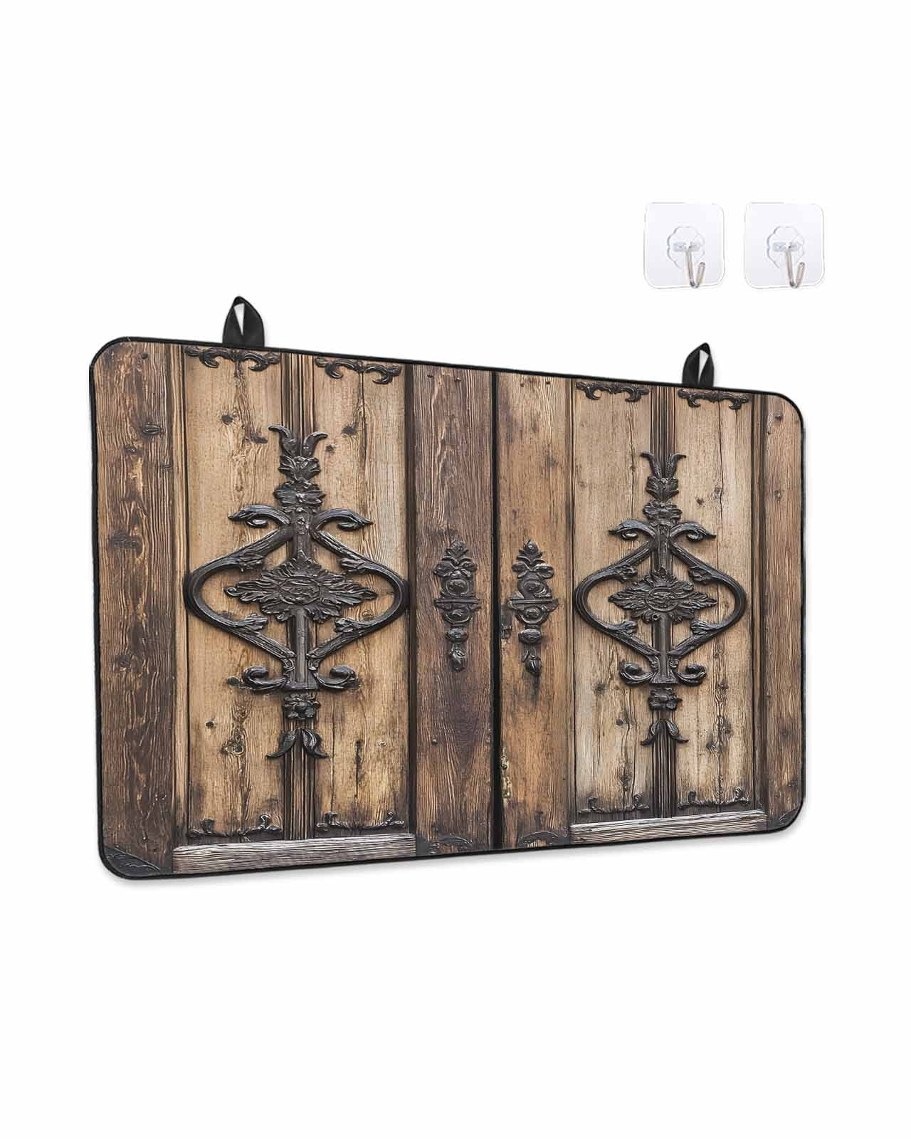 Stove Top Covers for Electric Stove, Wooden Plank Glass Stovetop Cover Protector, Rustic Farmhouse Brown Black Barn Door Induction Cooktop Protector Oven Mat for Kitchen Countertop 24"x21"