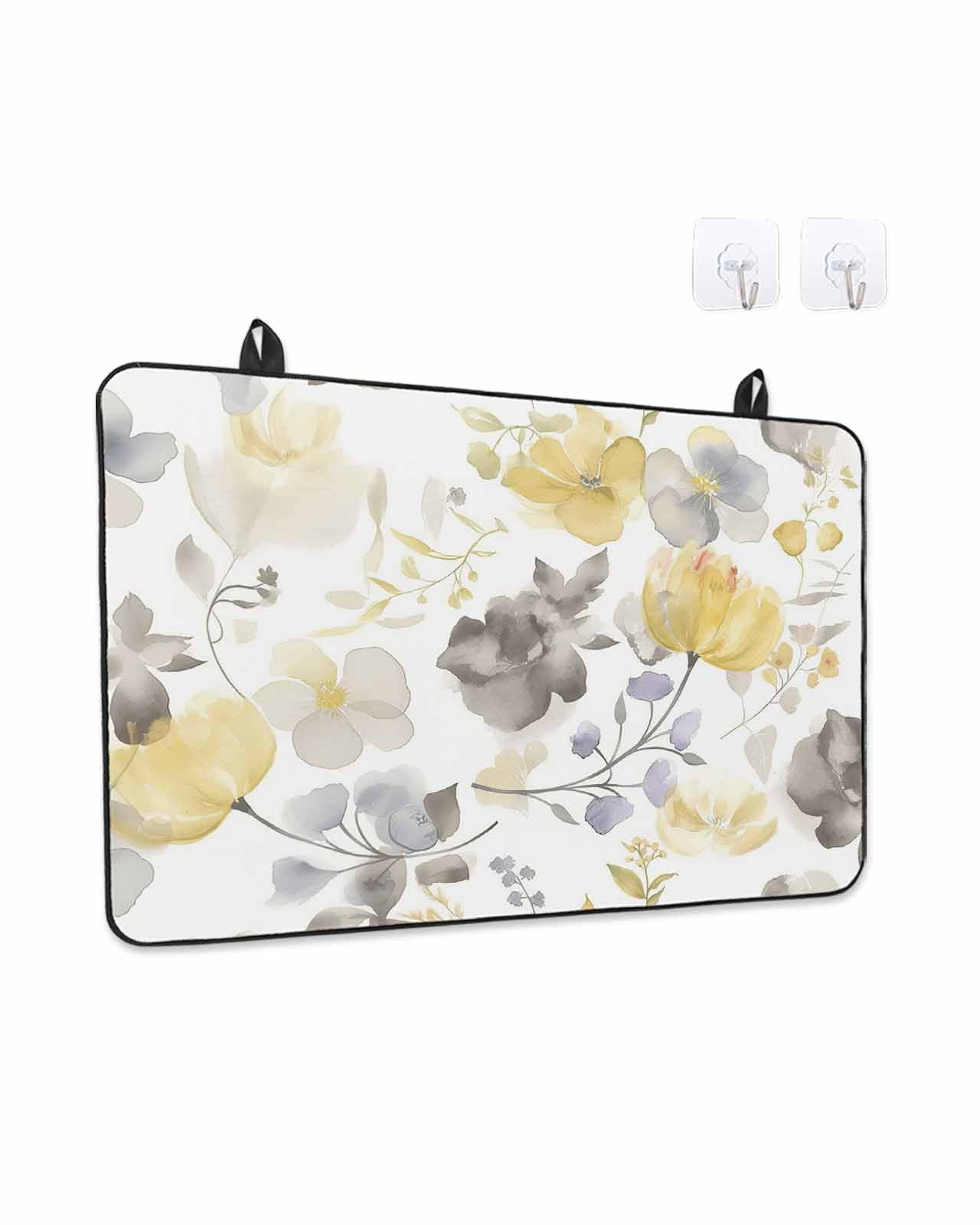 Stove Top Covers for Electric Stove, Yellow Grey Botanical Glass Stovetop Cover Protector, Spring Floral Watercolor Induction Cooktop Protector Oven Mat for Kitchen Countertop 24"x21"