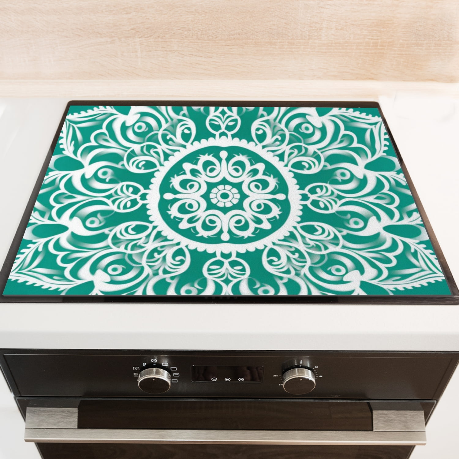 Stove Top Covers For Electric Stoves, Green and White Mandala Pattern Design Heat Resistant Cooktop Protector Mat, Square Durable Foldable Kitchen Decor Pad for Kitchen RV (28×20 Inch)