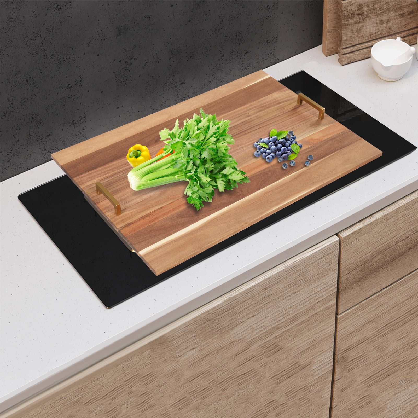 Stove Top Covers for Gas Burners Acacia Wood Noodle Board Stove Cover with Handles Cooktop Protector Rectangular Serving Tray For Home Kitchen Restaurant Camping