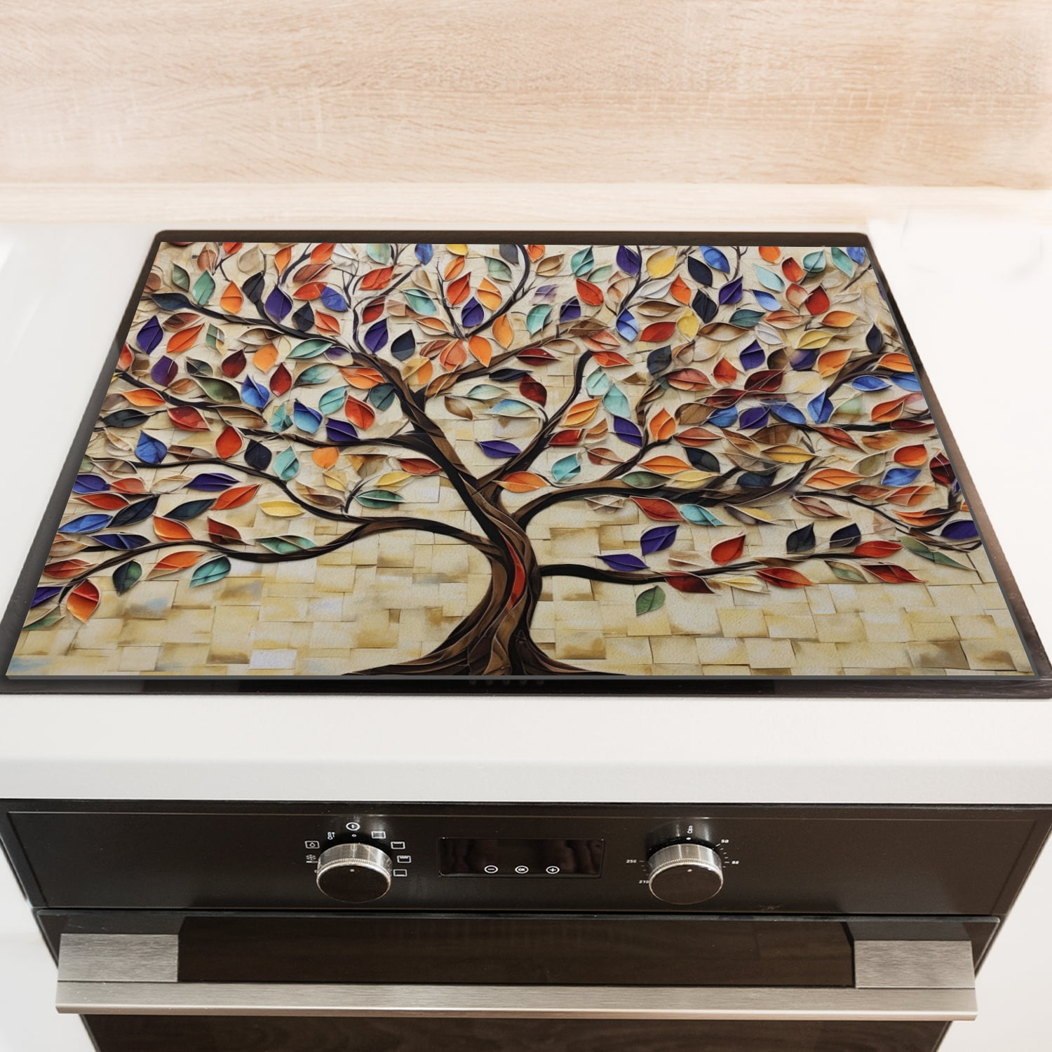 Stove Top Covers for Gas Burners, Retro Colorful Tree, Square Foldable Stove Mats, Waterproof Oilproof Dustproof Decorative Induction Pad for Kitchen RV (28×20 Inch)