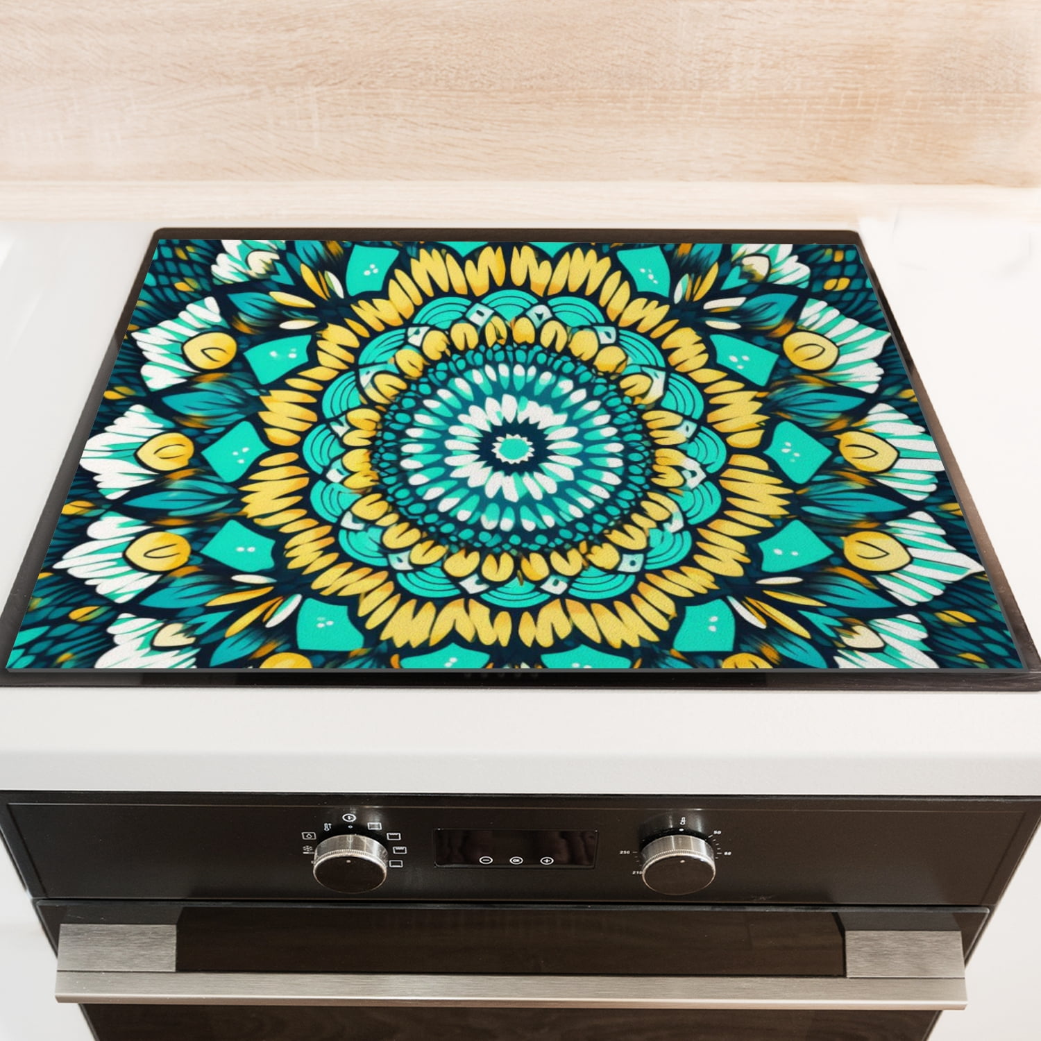 Stove Top Covers for Gas Burners Stove, Yellow and Turquoise Floral Mandala Pattern Non-slip Glass Top Protector Mat, Multifunctional Pad Expands Usable Space for Kitchen RV (28×20 Inch)