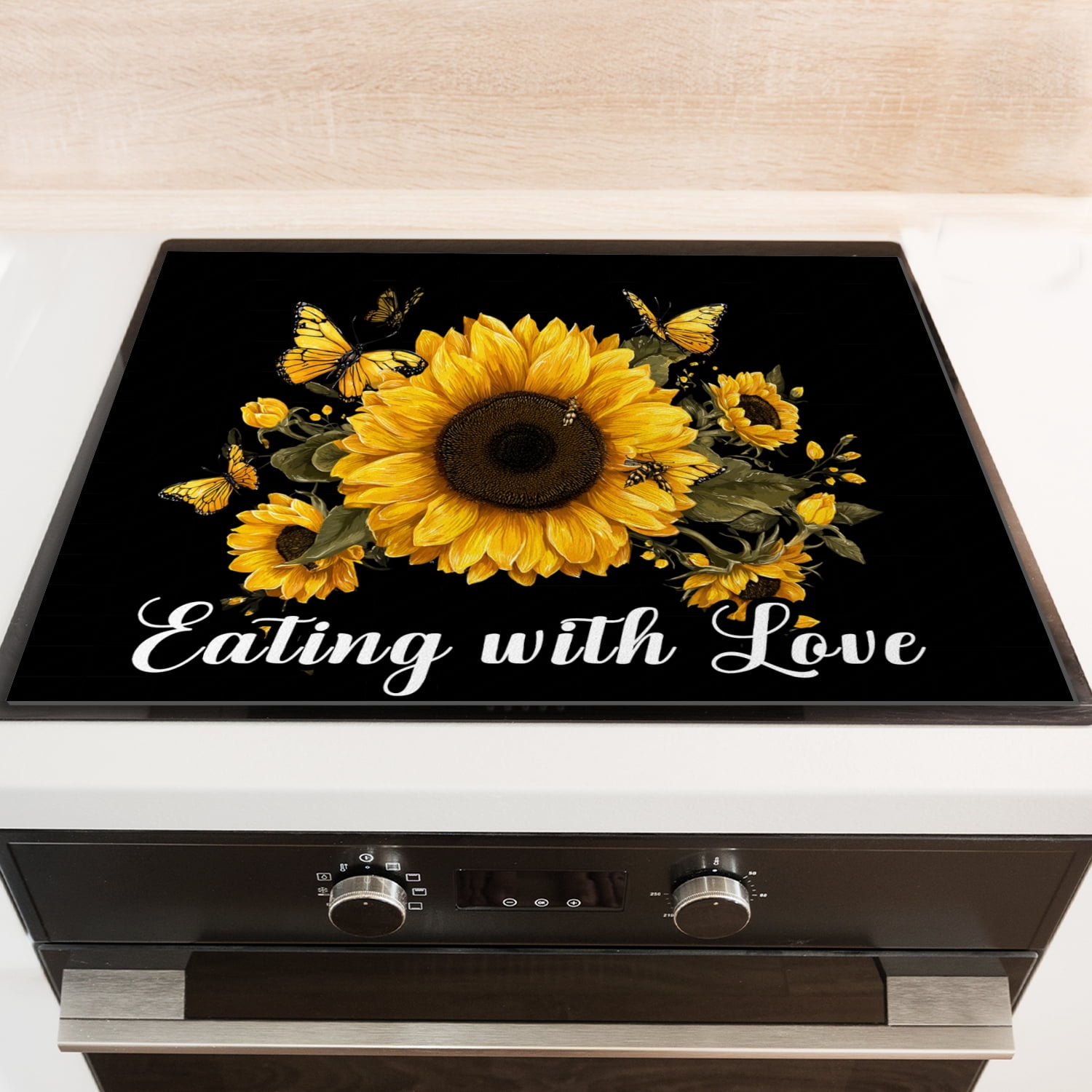 Stove Top Covers for Gas Burners, Sunflower Butterfly Eating with Love Print Anti-sip Washable Stovetop Cover Mat, Waterproof Oilproof Dustproof Pad for Kitchen RV (28×20 Inch)