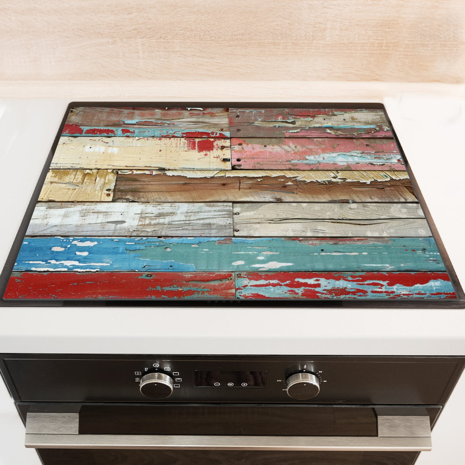 Stove Top Covers for Glass Electric Stoves, Multicolored Wooden Planks Paint Anti-slip Diatomite Countertop Protector Mat, Square Decorative Stove Cover Pad for Kitchen RV (28×20 Inch)