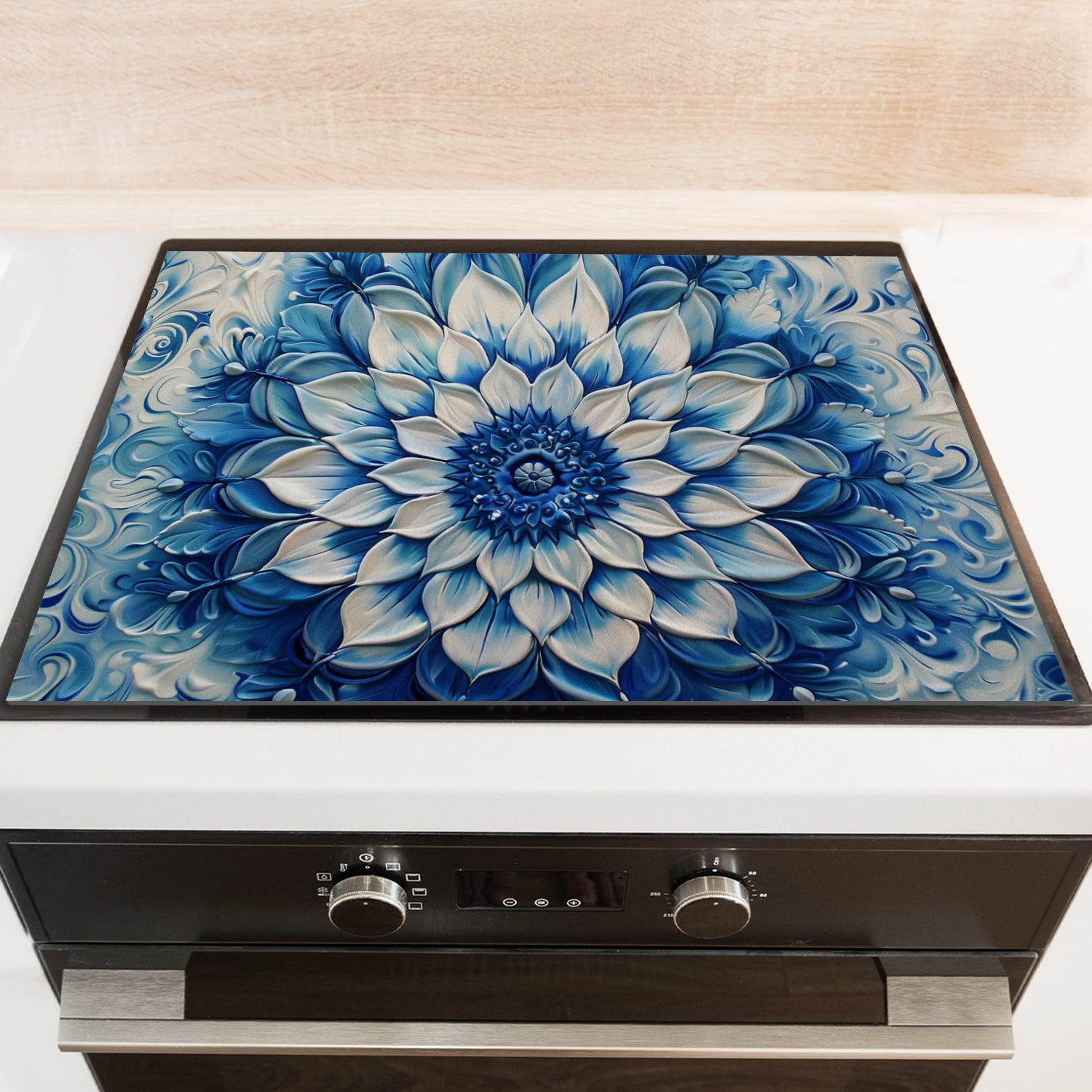 Stove Top Covers For Glasstop Stoves, Blue and White Mandala Flower Non-Stick Washable Cooktop Covers Countertop Protector, Gas Stove Top Cover Mat for Kitchen RV (28×20 Inch)