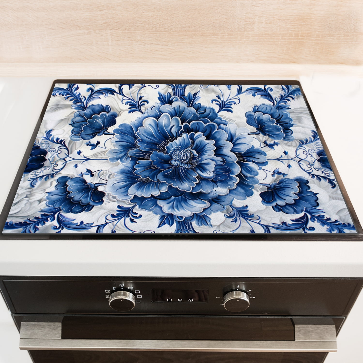 Stove Top Covers For Glasstop Stoves, Blue and White Porcelain-Style Floral Pattern Oilproof Mat, Multifunctional Protector Decorative Pad for Kitchen RV (28×20 Inch)