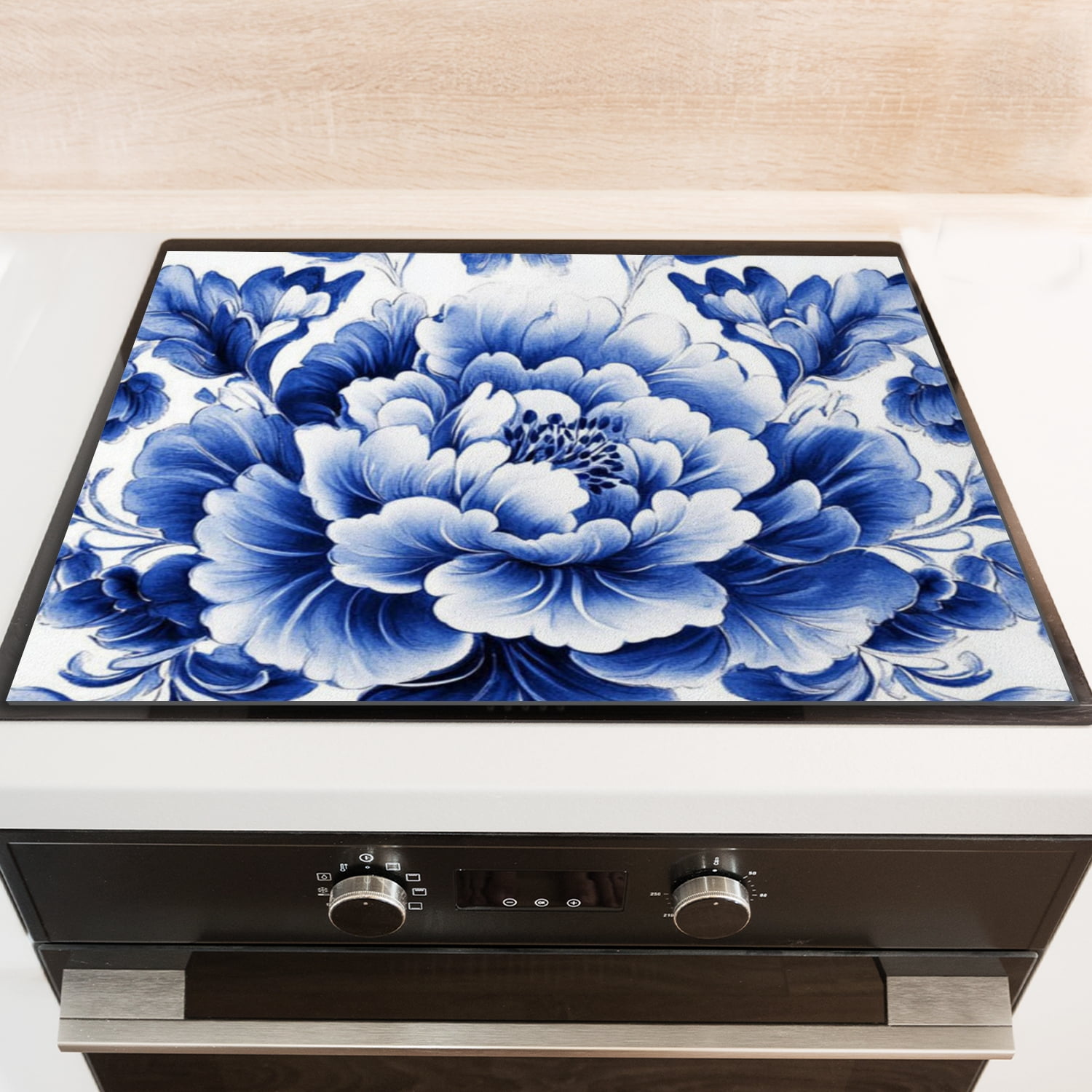 Stove Top Covers For Glasstop Stoves, Blue and White Porcelain-Style Floral Pattern Oilproof Mat, Multifunctional Protector Decorative Pad for Kitchen RV (28×20 Inch)