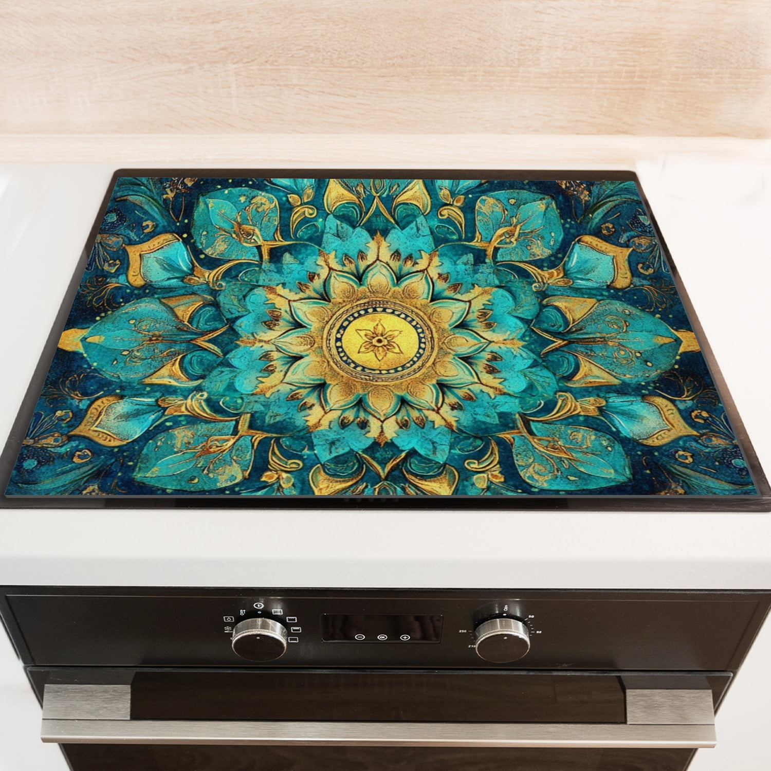 Stove Top Covers for Glasstop Stoves, Retro Teal and Gold Floral Mandala Anti-slip Glass Cooktop Protector Mat, Multifunctional Kitchen Decor Pad for Kitchen RV (28×20 Inch)