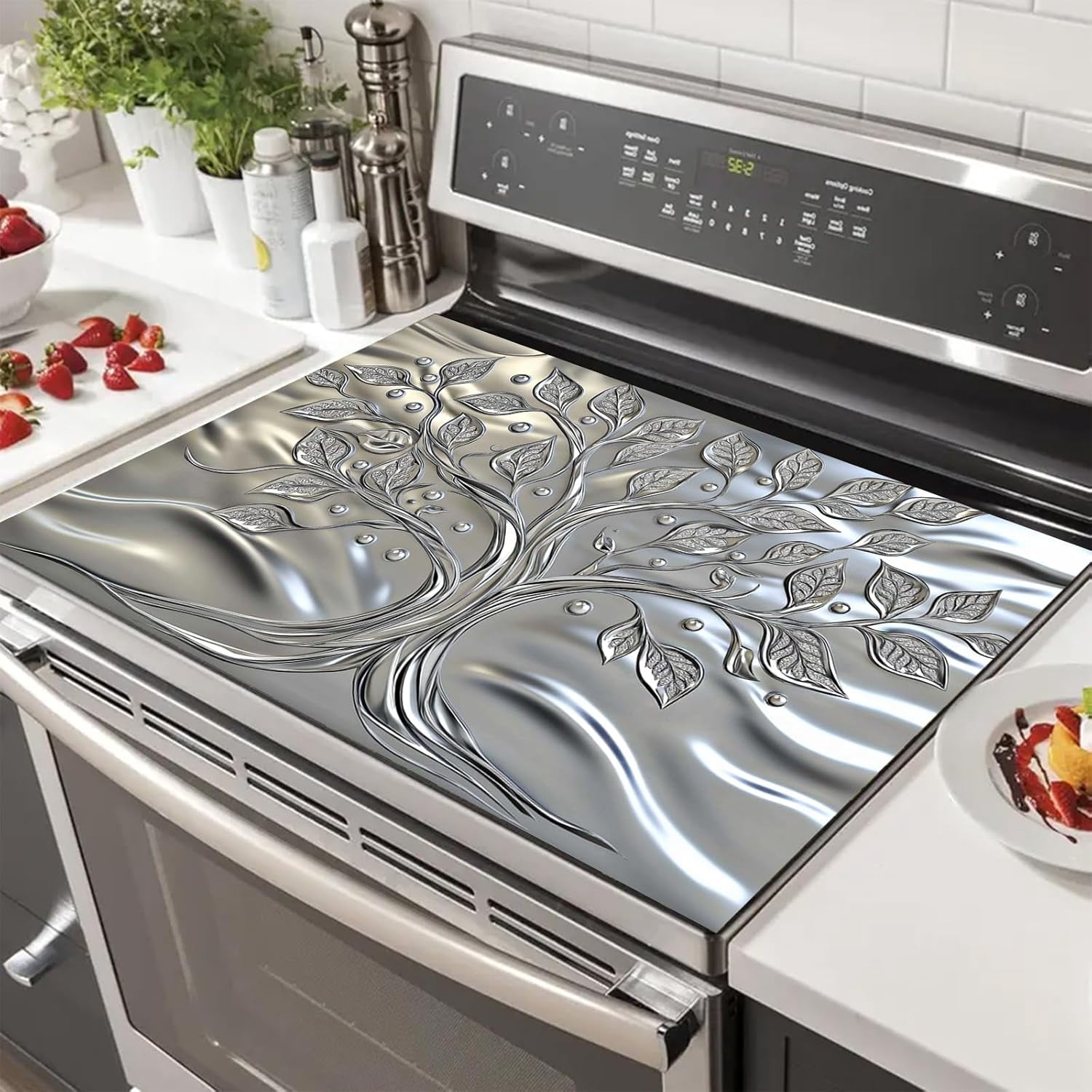 Stove Top Covers Pad Silver Tree of Life Kitchen 28 x 20 inches Diatomite Tree Patterns Stove Top Cover for Electric Fit Kitchen Countertop Coffee Maker Pot Water Mat