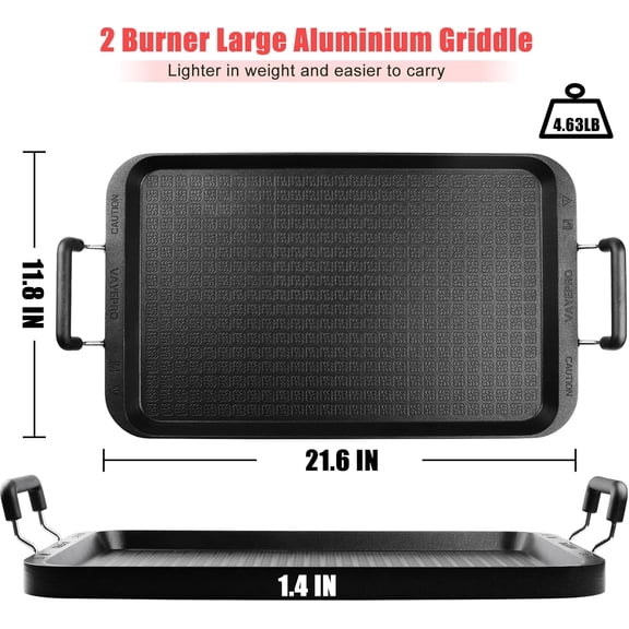 Stove Top Griddle, 22 Inch 2 Burner Large Grill Pan for Stove Top, Non-Stick Aluminum with Handles, Indoor Outdoor Cooking/Camping