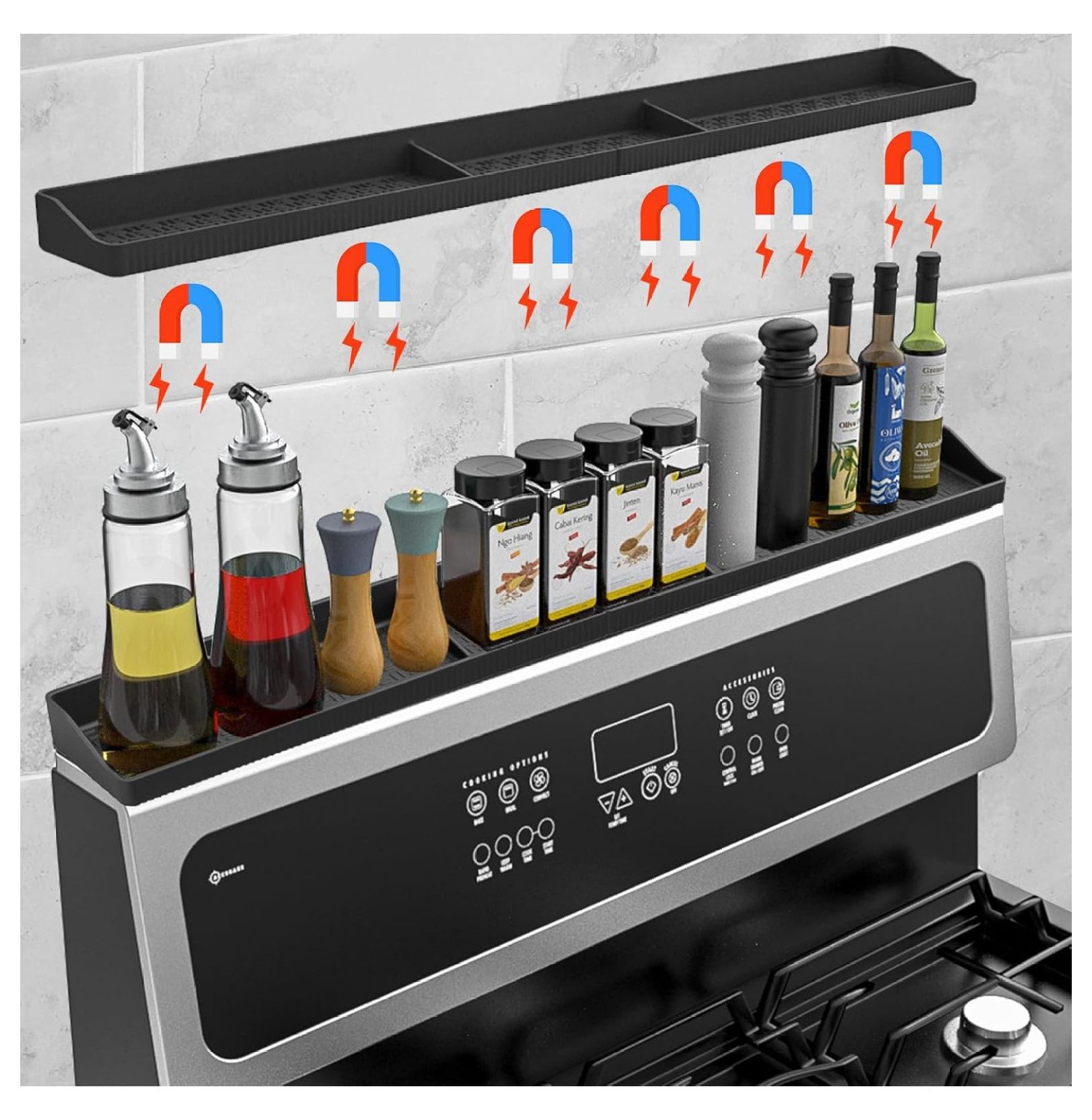 No Drill Spice Storage Magnetic Stove Top Spice Rack - Silicone Shelf ...
