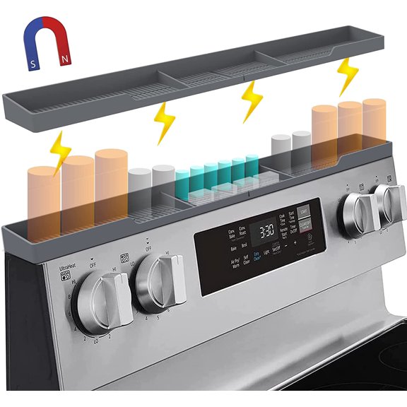 Stove Top Shelf 30 Inch - YIBUKIY Silicone Material Magnetic Shelf for the Stove - 3 Functional Partitions Kitchen Spice Rack Organizer - Dark Grey