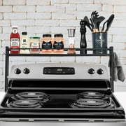 Stove Top Shelf,Extendable Metal Stove Spice Shelf for Kitchen,Spice Rack Organizer Shelf with 4 hooks, Seasoning Organizer Countertop, Offers Extra Countertop 