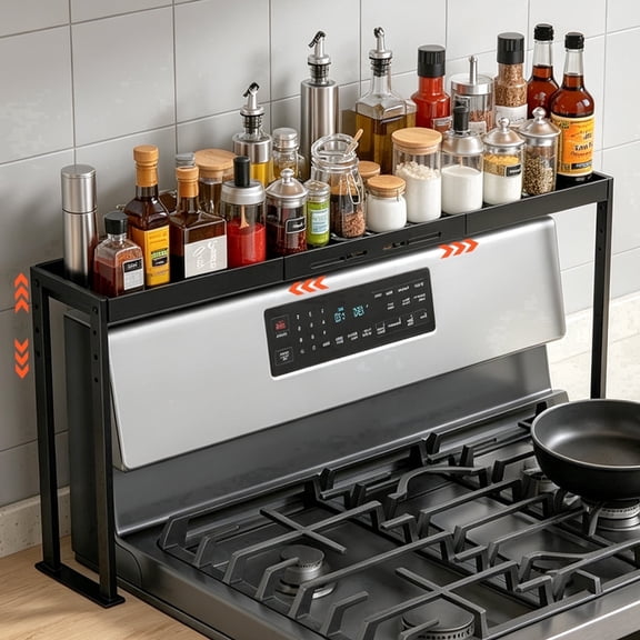 Over the Stove Shelf, Expandable 26.5-32.8" Spice Rack, 4 Level Adjustable Height Seasoning Organizer for Condiments & BBQ Sauces Countertop Storage, Black