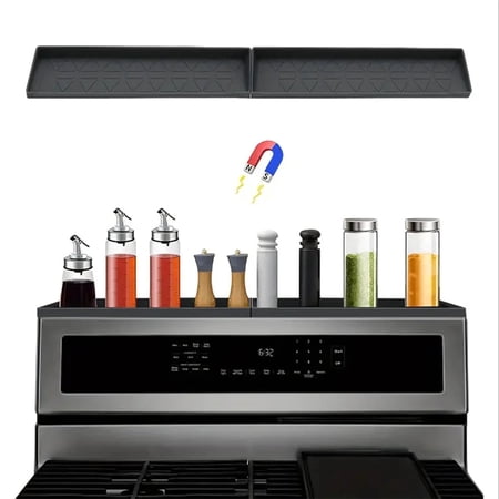 YOYAHATEM Magnetic Stove Top Shelf, 30-Inch Silicone Spice Rack Organizer for Kitchen Storage - Black & Grey