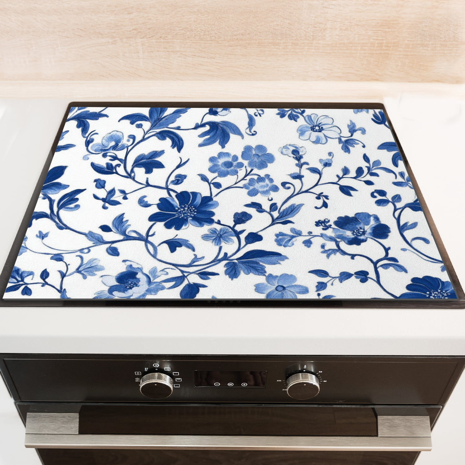 Stovetop Cover for Electric Stove, Blue And White Porcelain Floral Pattern Stove Mat for Glass Cooktop, Square Foldable Decoration Pad for Kitchen RV (28×20 Inch)