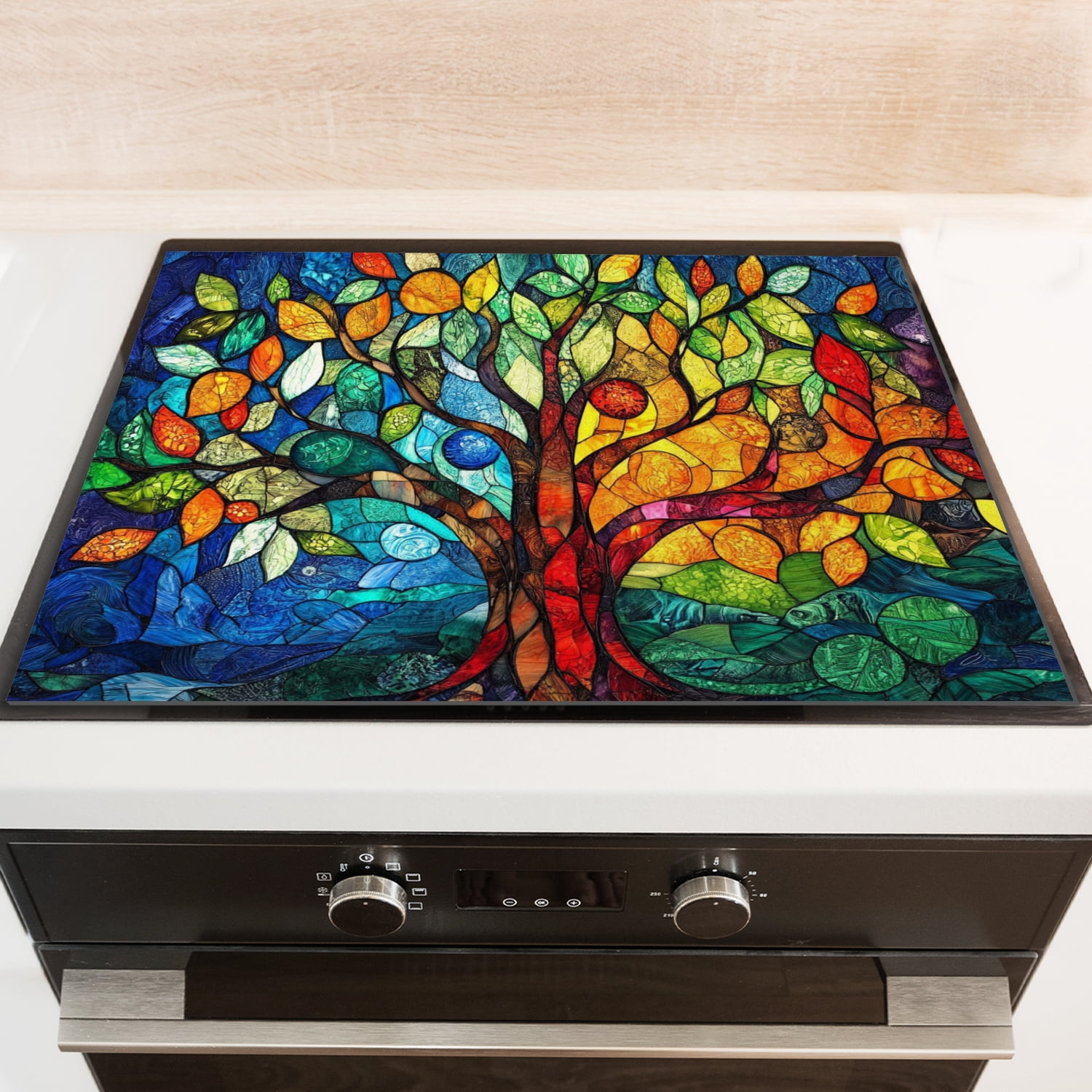 Stovetop Cover for Electric Stove, Colorful Tree of Life Heat Resistant Glasstop Stove Covers, Square Waterproof Washable Countertop Mat For Kitchen RV (28×20 Inch)
