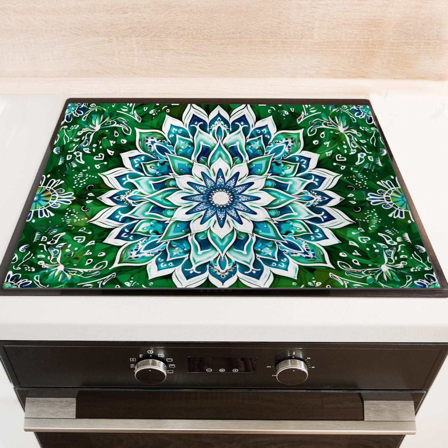 Stovetop Cover For Gas Stove Top, Mandala Designs in White with Blue and Green Colors Non-Slip Glass Cooktop Cover, Square Washable Foldable Stove Mat for Kitchen RV (28×20 Inch)