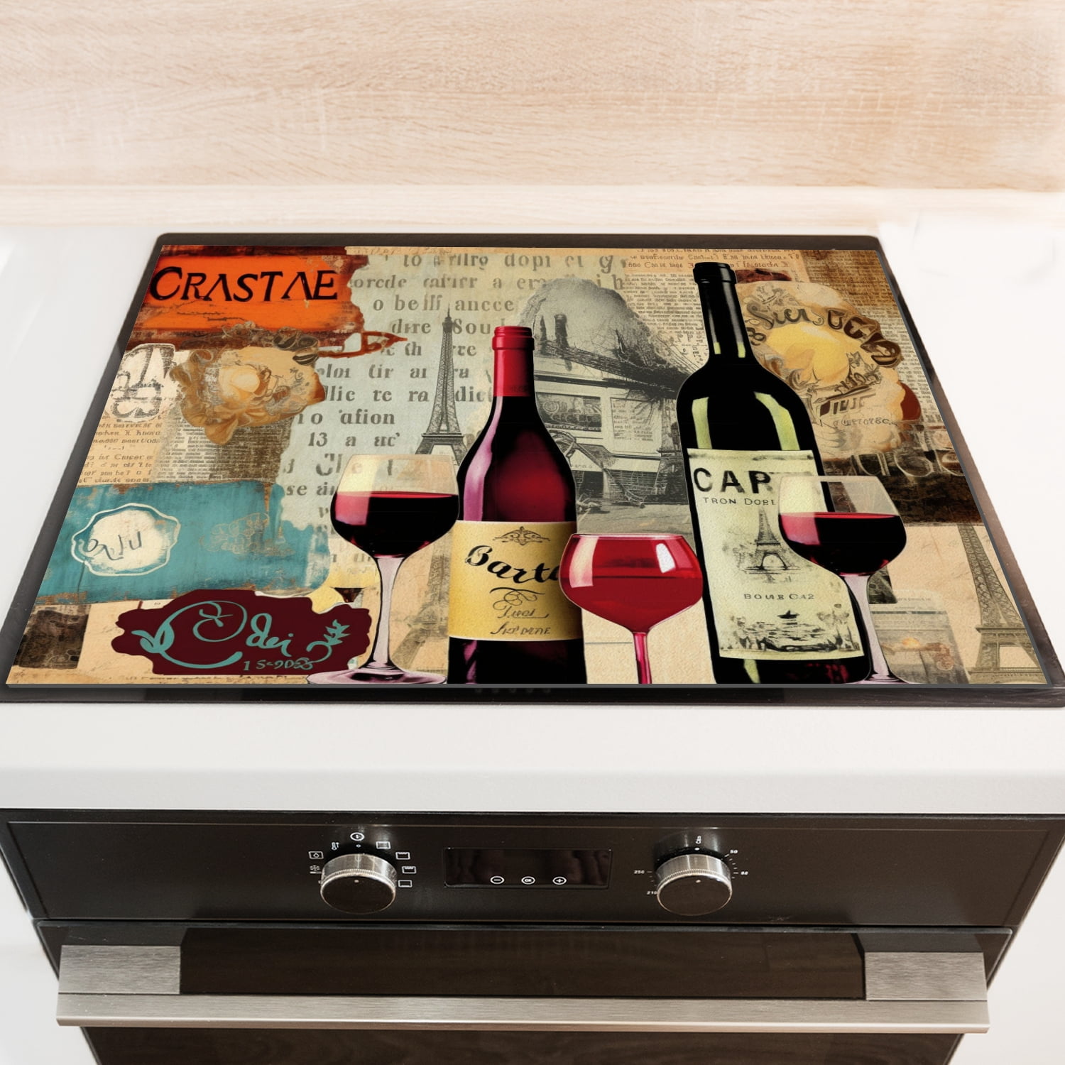 Stovetop Cover for Electric Stove, Retro Bottles of Wine Pattern Square Glasstop Stove Covers, Oilproof Decoration Mat For Kitchen RV (28×20 Inch)