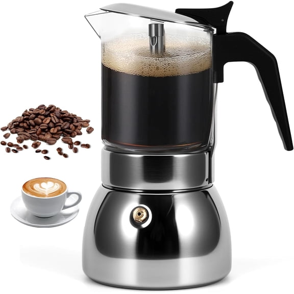 Stovetop Espresso Maker, 4Cup 200ML Stainless Steel Italian Coffee Maker Transparent Glass Moka Pot, Mocha Pot for Home Cafe Outdoor Office