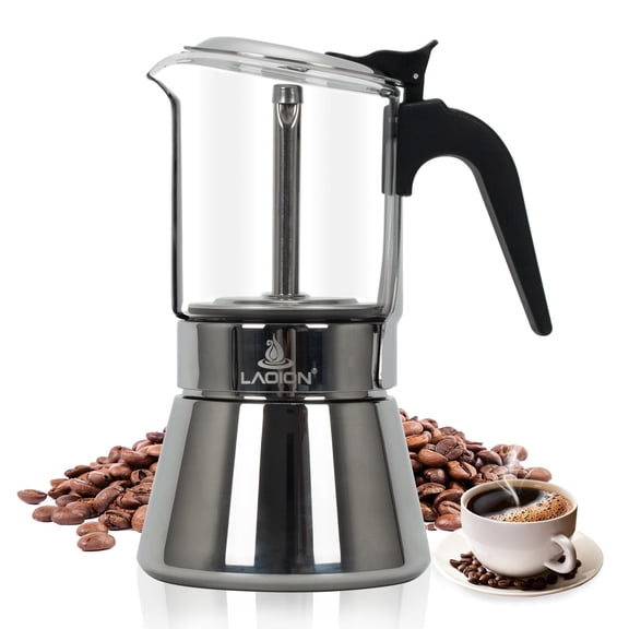 Stovetop Espresso Maker, 6Cup 240ml Classic Moka Pot, Crystal Glass-top & Stainless Steel Coffee Maker Mocha Pot, Greca De Cafe, Cuban and Italian Coffee Maker for Cafetera Cubana