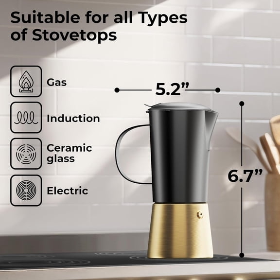 Stovetop Espresso Maker Stainless Steel Moka Pot 6 Cup Gold Finish for Gas Electric Induction