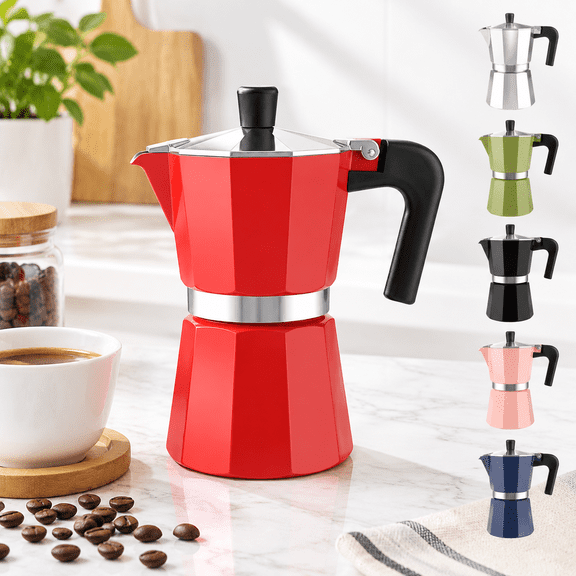 Stovetop Espresso Moka Pot, 6 Cup, Red, 10 Oz, Italian Greca Cuban Coffee Maker