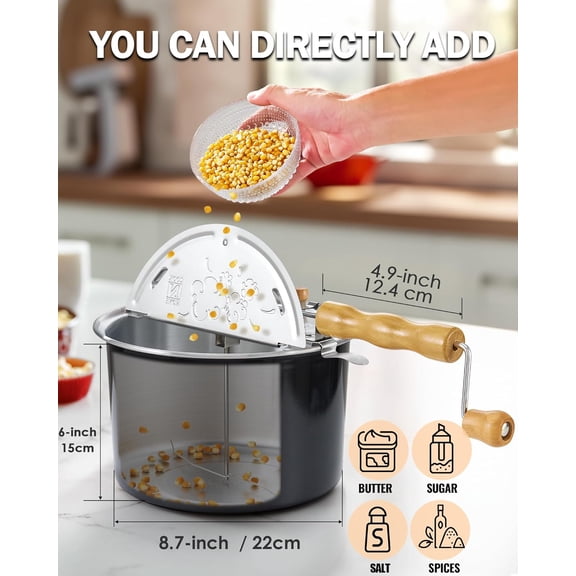 Stovetop Popcorn Popper with Crank, 6-Quart Aluminum Popcorn Pot, Black