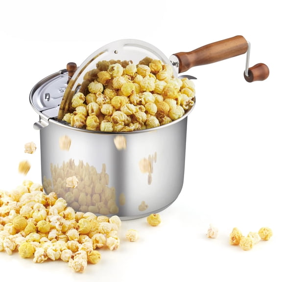 Stovetop Popcorn Popper with Crank, 6-Quart Aluminum Popcorn Pot, Silver