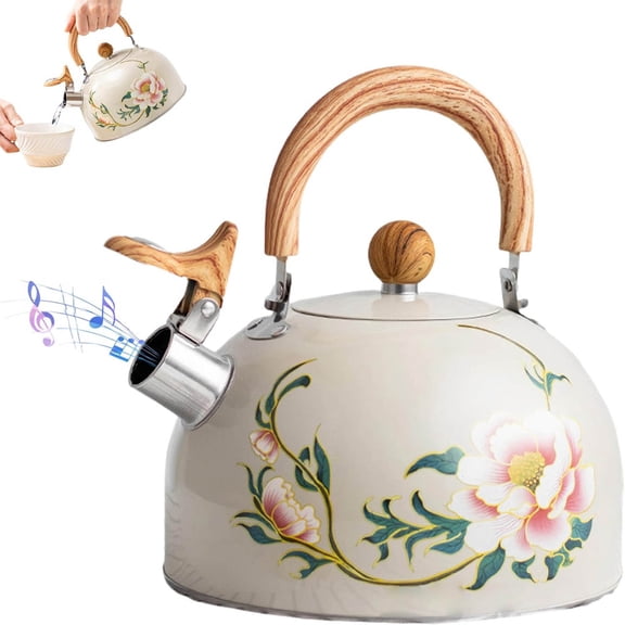 Stovetop Whistling Tea Kettle 3L Stainless Steel Floral Pattern Kettle with Heat Resistant Handle for Boiling Water - Tea Coffee Hot Beverage Maker for Home Kitchen