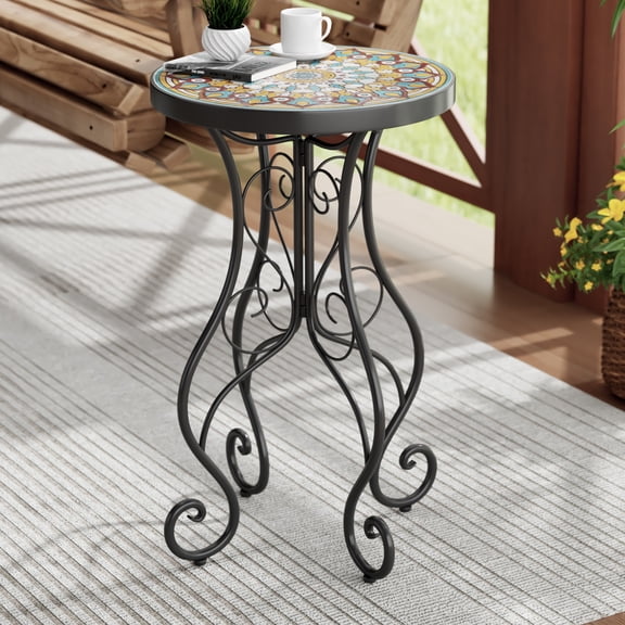 Stow Outdoor Patio Round Side Table, Ceramic Tile, Iron, Black + Colorful