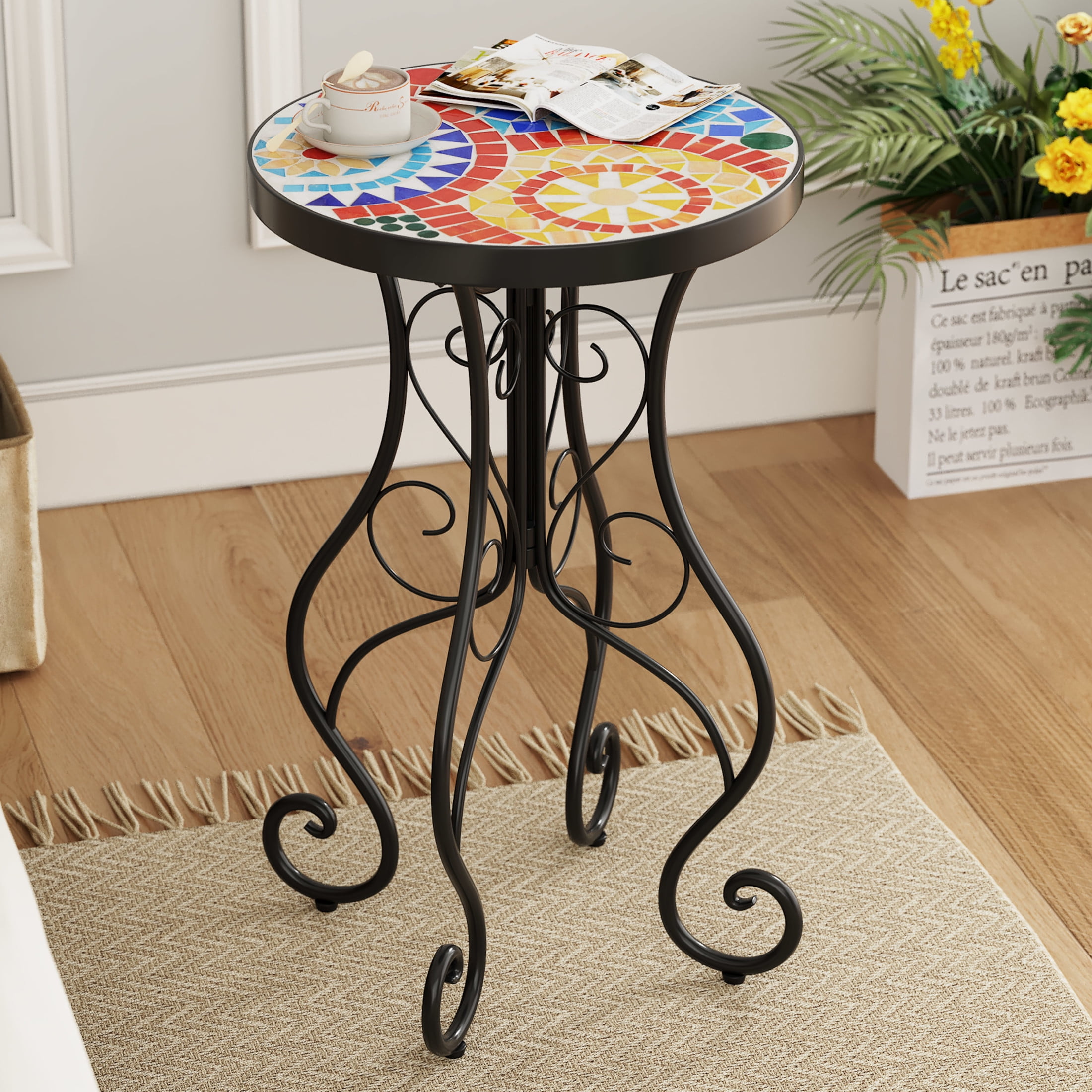 Stow Outdoor Patio Round Side Table, Ceramic Tile, Iron, Black + Colorful