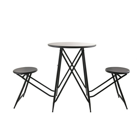 Stowable Side Table and 2 Seat Set, Black Metal Folding Table with Two Stools for Small Space Living Room