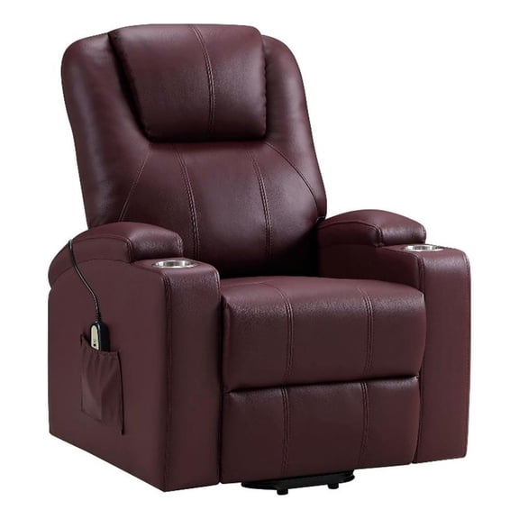Benjara Stoy Power Lift Recliner Chair- Massage- 36" Wine Red Faux Leather