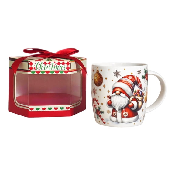 Stp Goods Festive Gnome Bone China Mug in Gift Box 12 fl oz (355 ml) Coffee and Tea Mug for Latte Cocoa Chocolate, Christmas Tableware, Holiday Drinkware, Red White