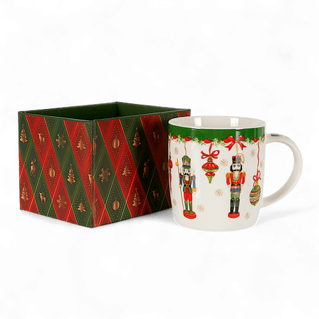 Stp Goods Festive Nutcracker Bone China Mug in Gift Box 12 fl oz (355 ml) Coffee and Tea Mug for Latte Cocoa Chocolate, Christmas Tableware, Holiday Drinkware, Red Green White