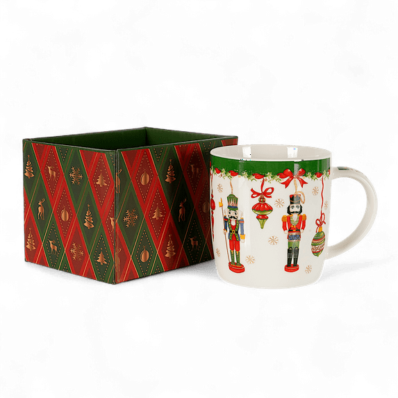 Stp Goods Festive Nutcracker Bone China Mug in Gift Box 12 fl oz (355 ml) Coffee and Tea Mug for Latte Cocoa Chocolate, Christmas Tableware, Holiday Drinkware, Red Green White